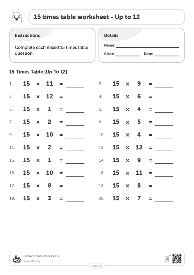 15 times table page 1