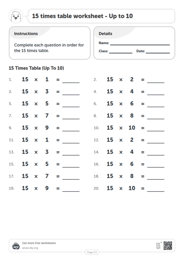 15 times table page 1