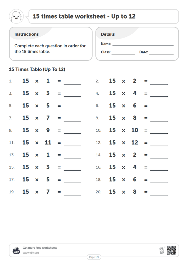 15 times table page 1