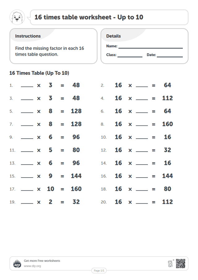 16 times table page 1