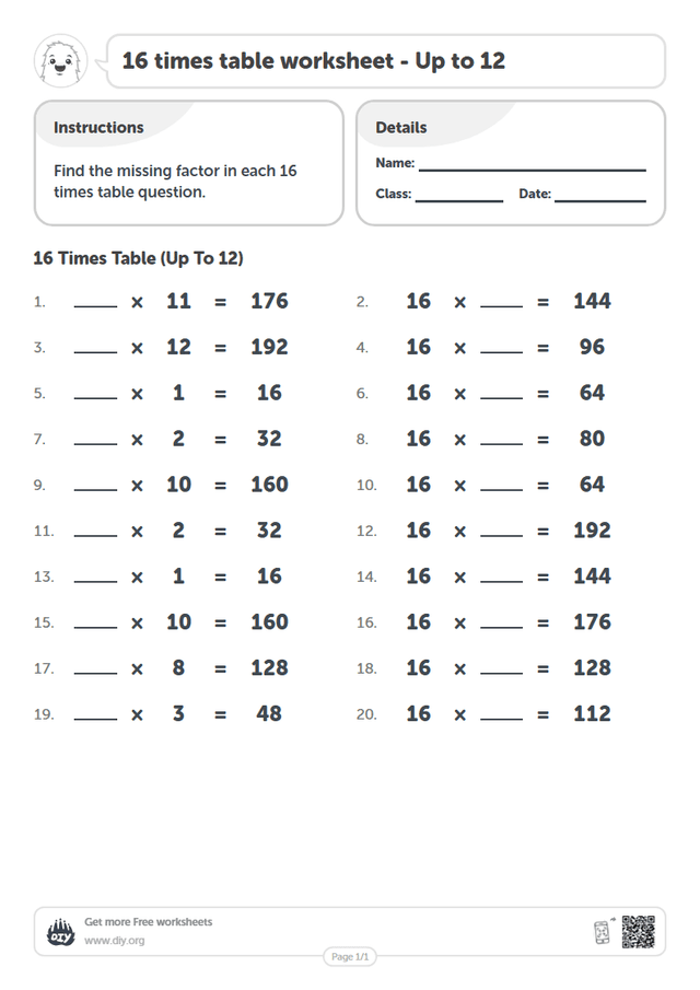 16 times table page 1