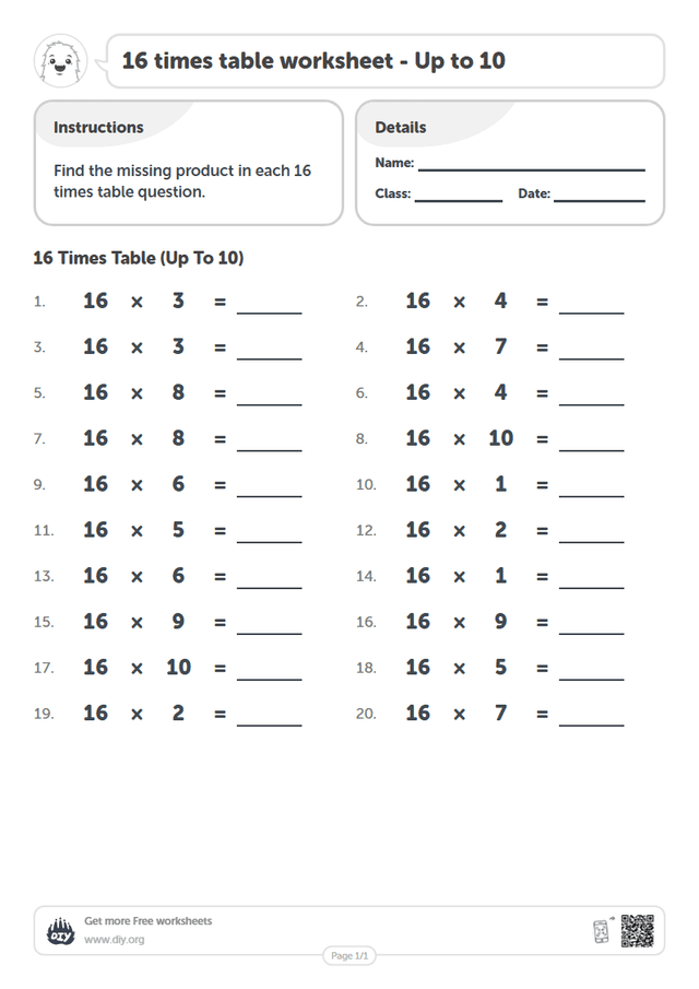 16 times table page 1