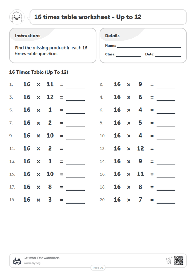 16 times table page 1
