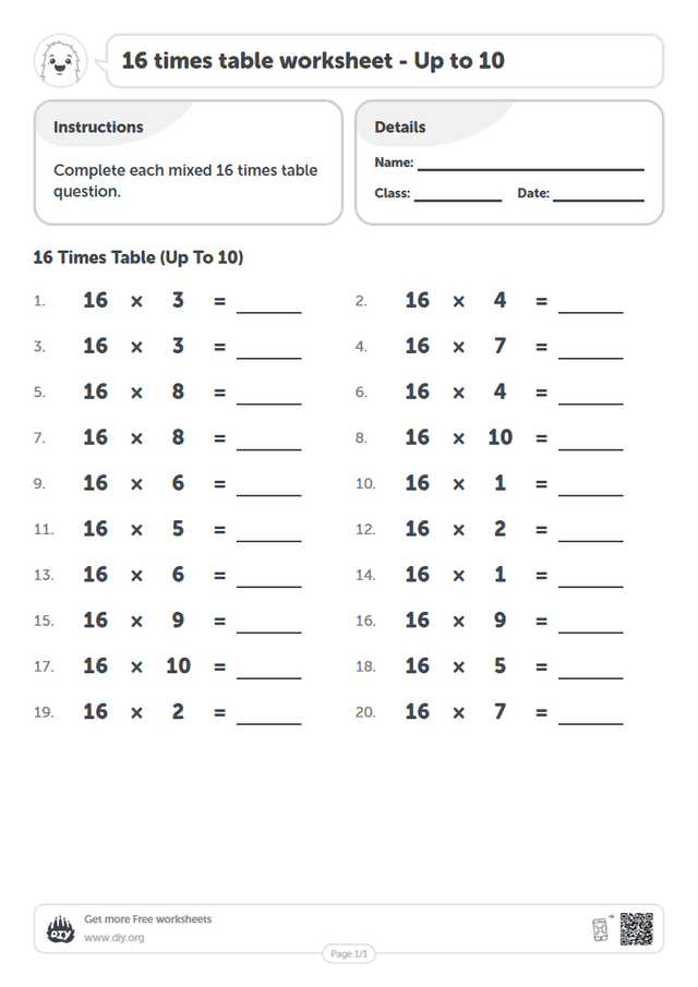 16 times table page 1