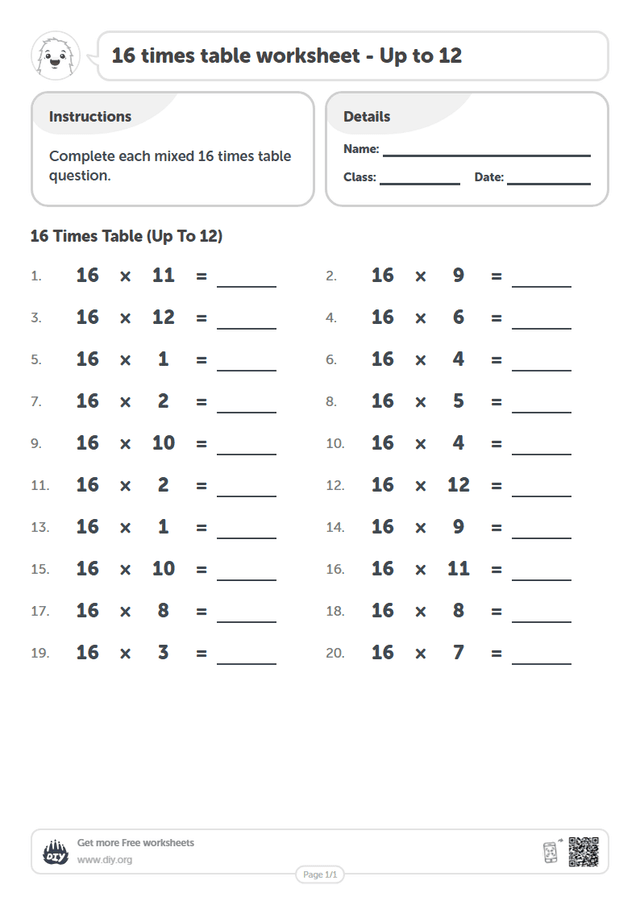 16 times table page 1