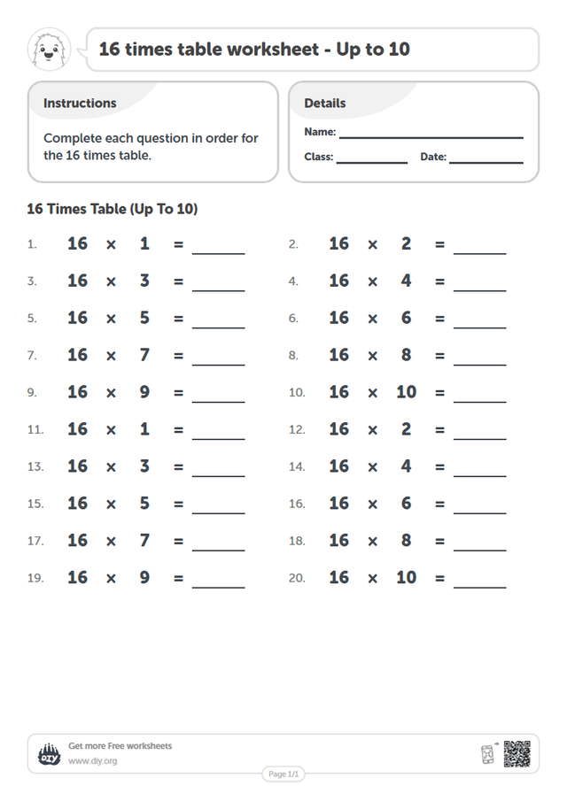 16 times table page 1