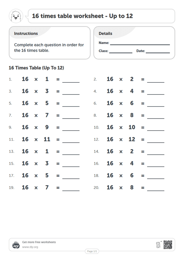 16 times table page 1