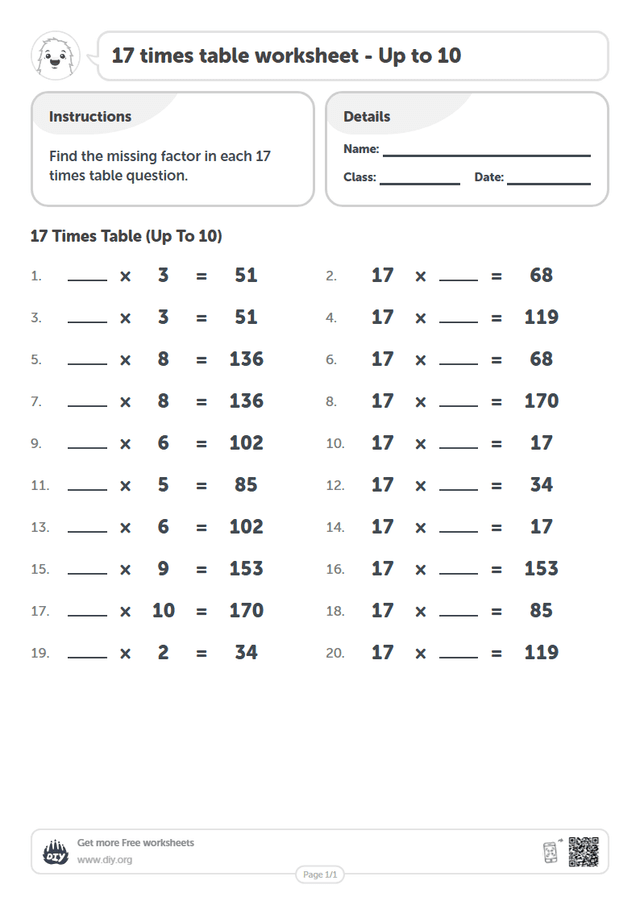 17 times table page 1