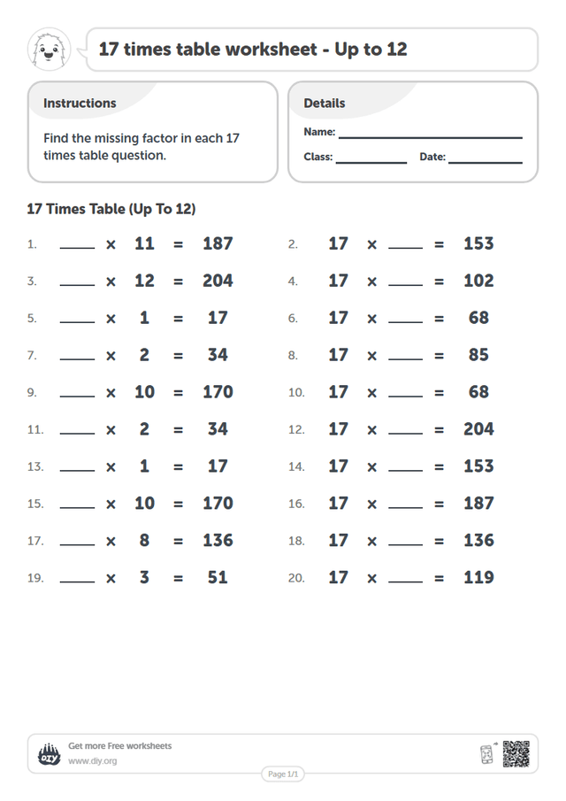 17 times table page 1