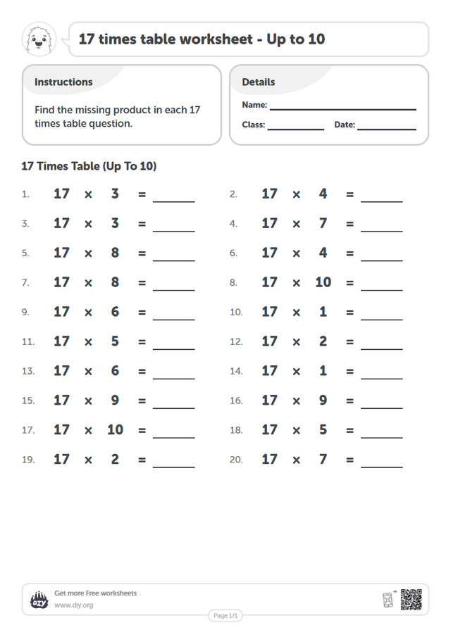 17 times table page 1