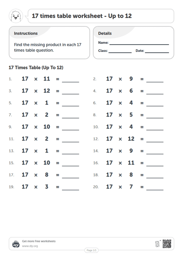 17 times table page 1