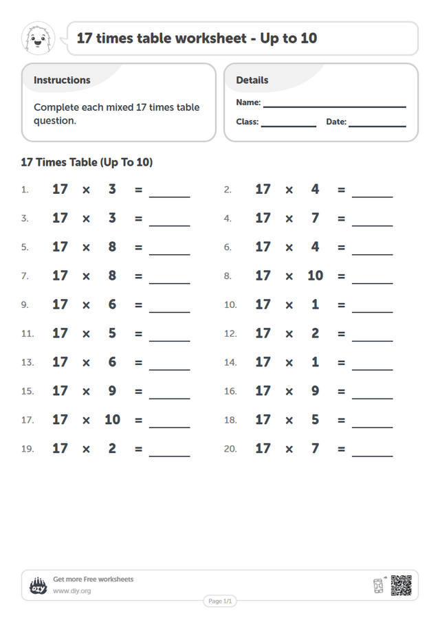 17 times table page 1