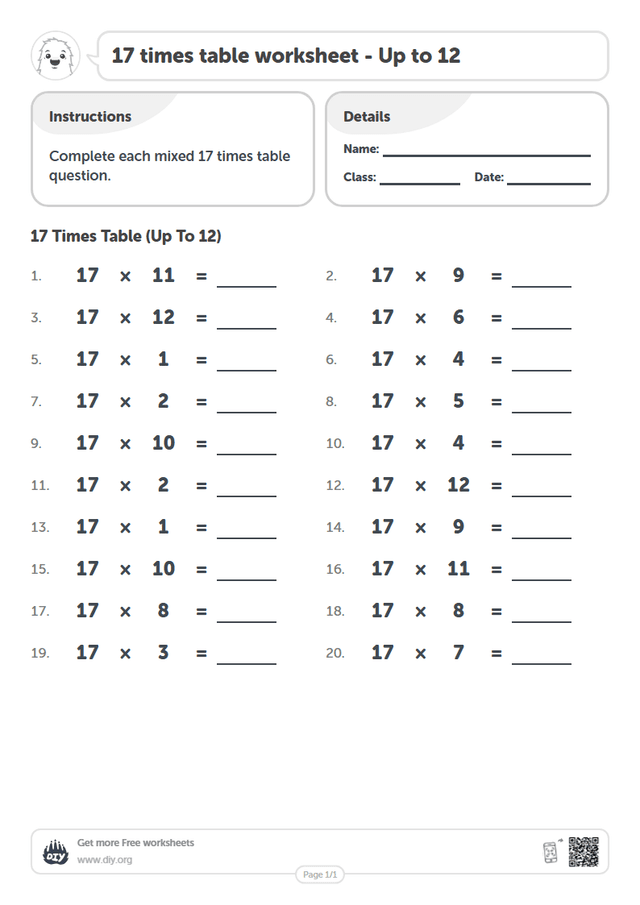 17 times table page 1