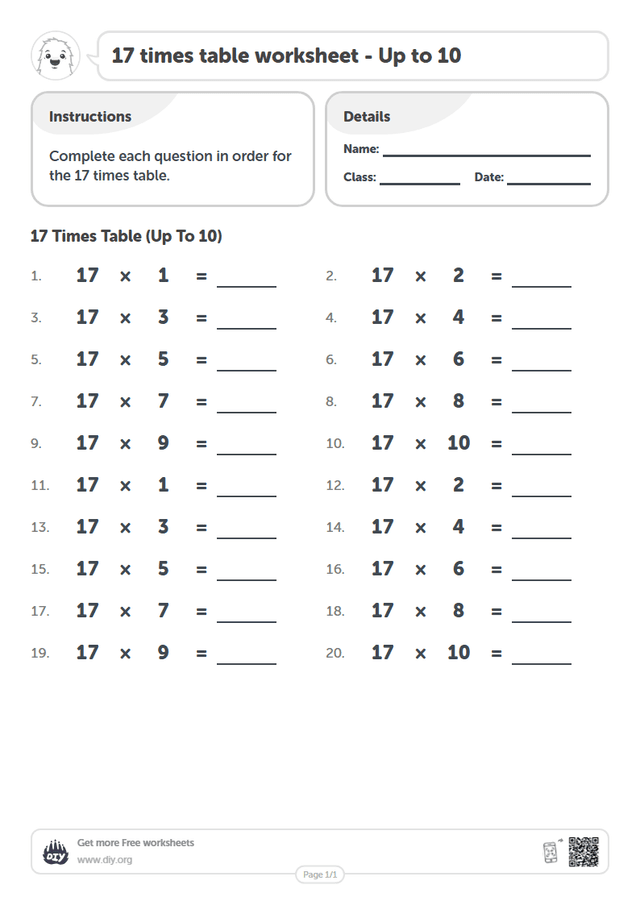 17 times table page 1