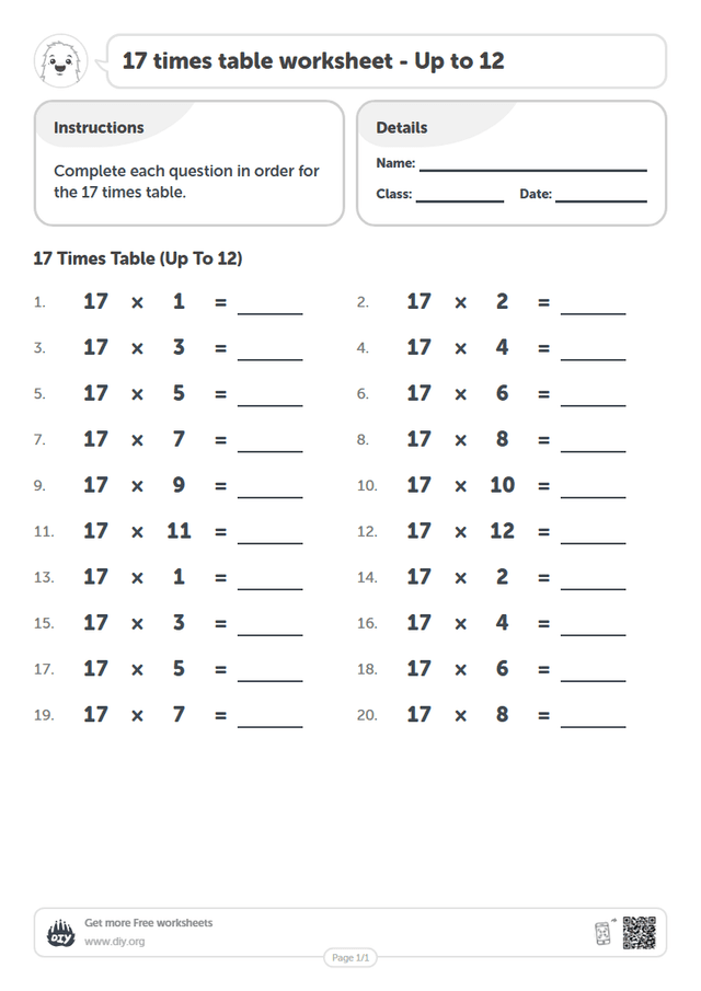 17 times table page 1