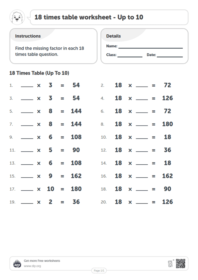 18 times table page 1