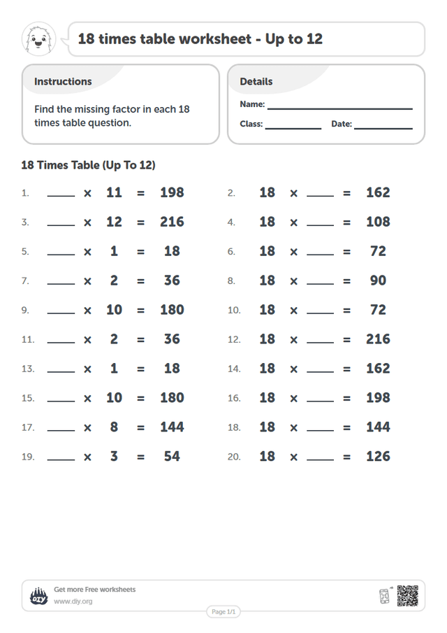 18 times table page 1