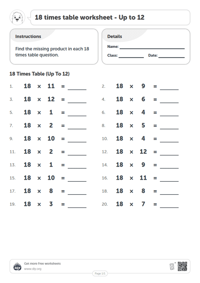 18 times table page 1