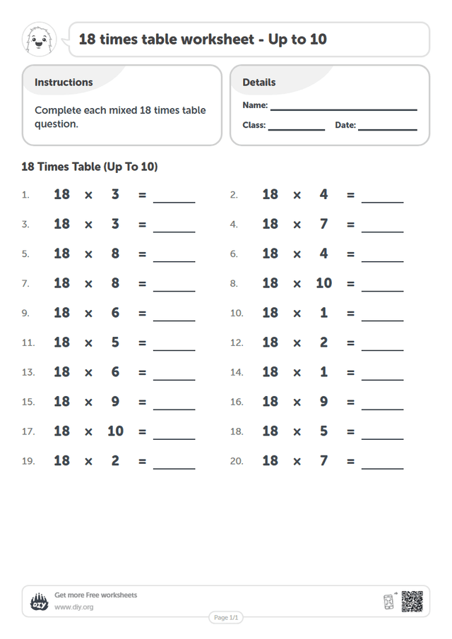 18 times table page 1