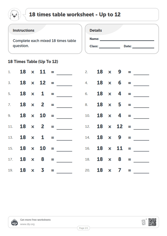 18 times table page 1
