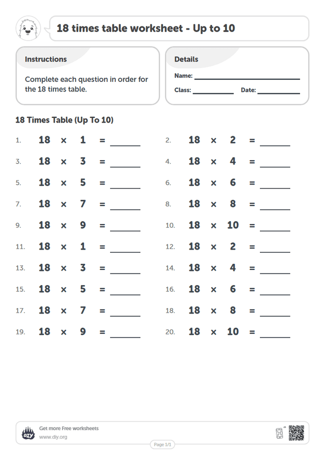 18 times table page 1