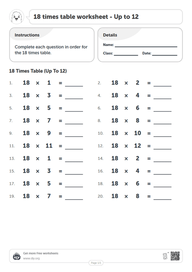 18 times table page 1