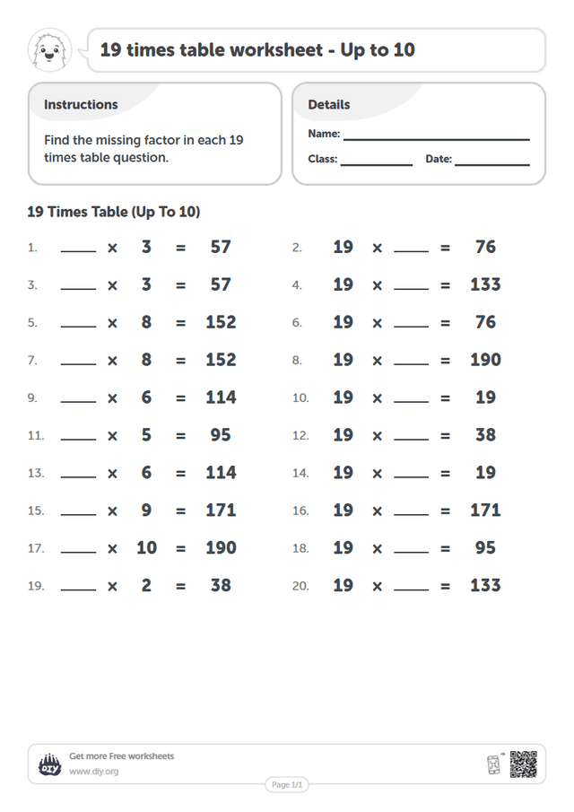 19 times table page 1