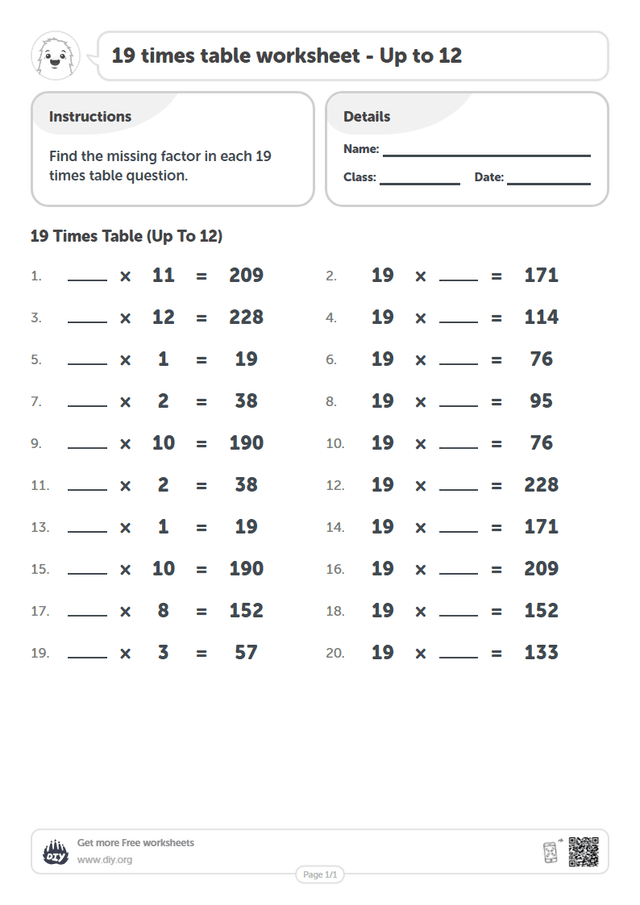 19 times table page 1