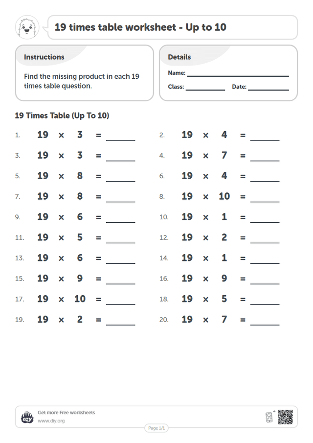 19 times table page 1