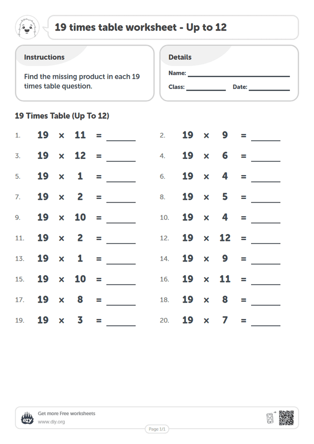 19 times table page 1