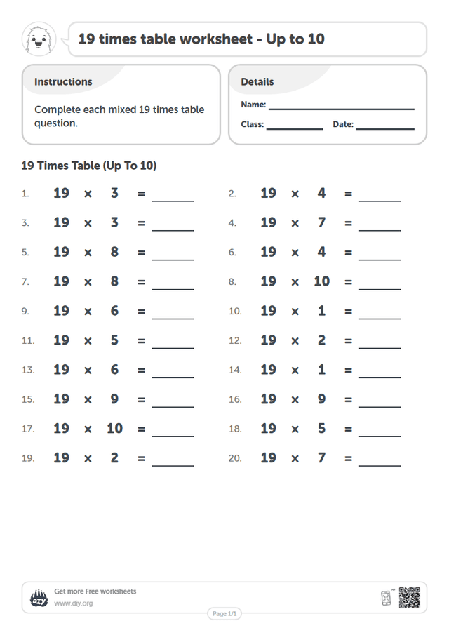 19 times table page 1