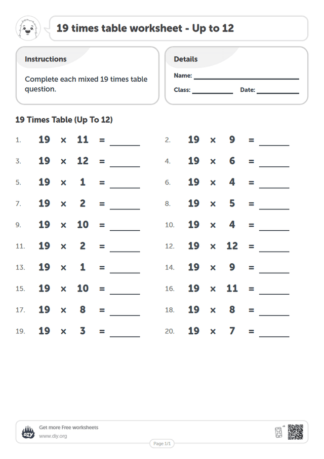 19 times table page 1