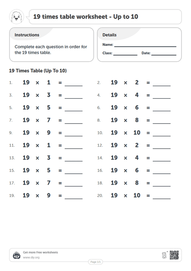 19 times table page 1