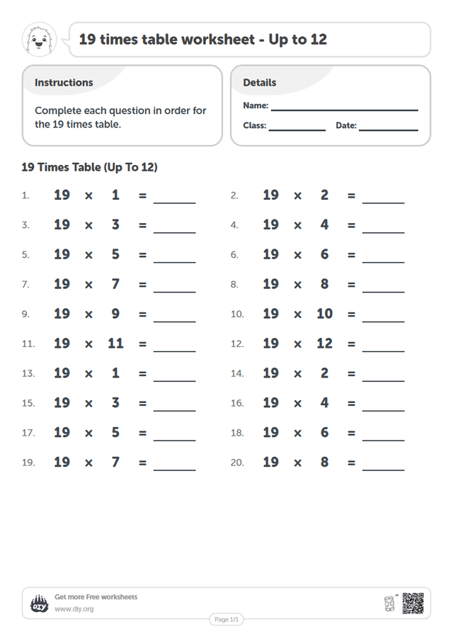 19 times table page 1