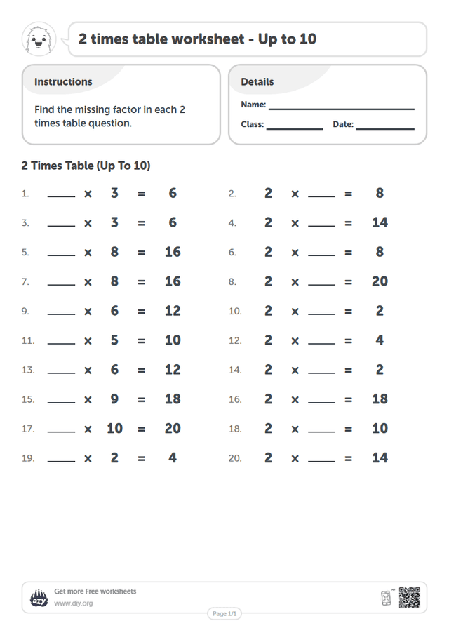 2 times table page 1