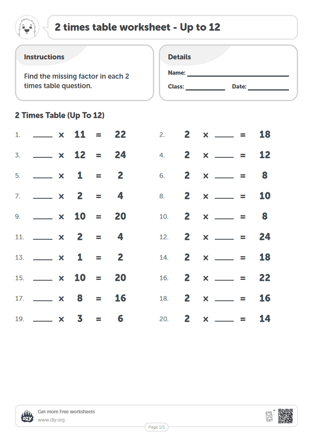 2 times table page 1