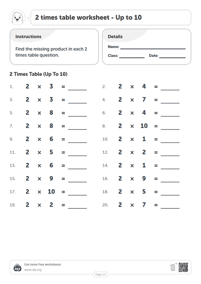2 times table page 1