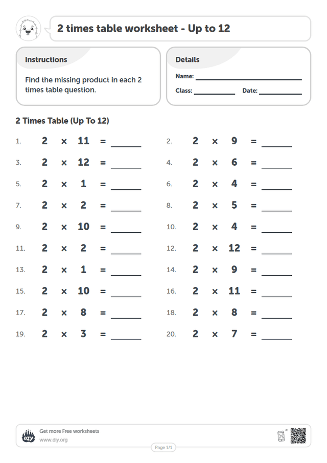 2 times table page 1