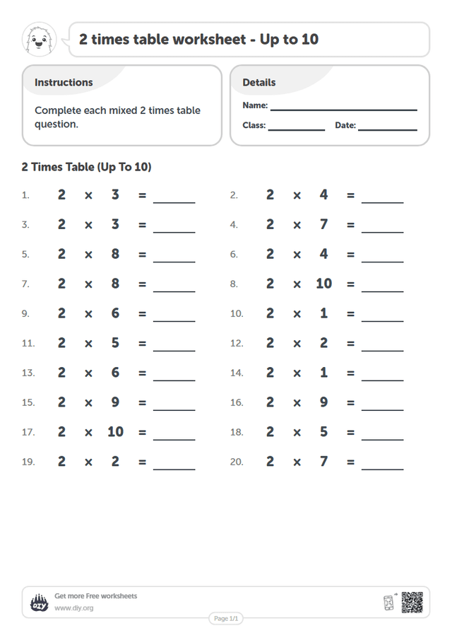 2 times table page 1