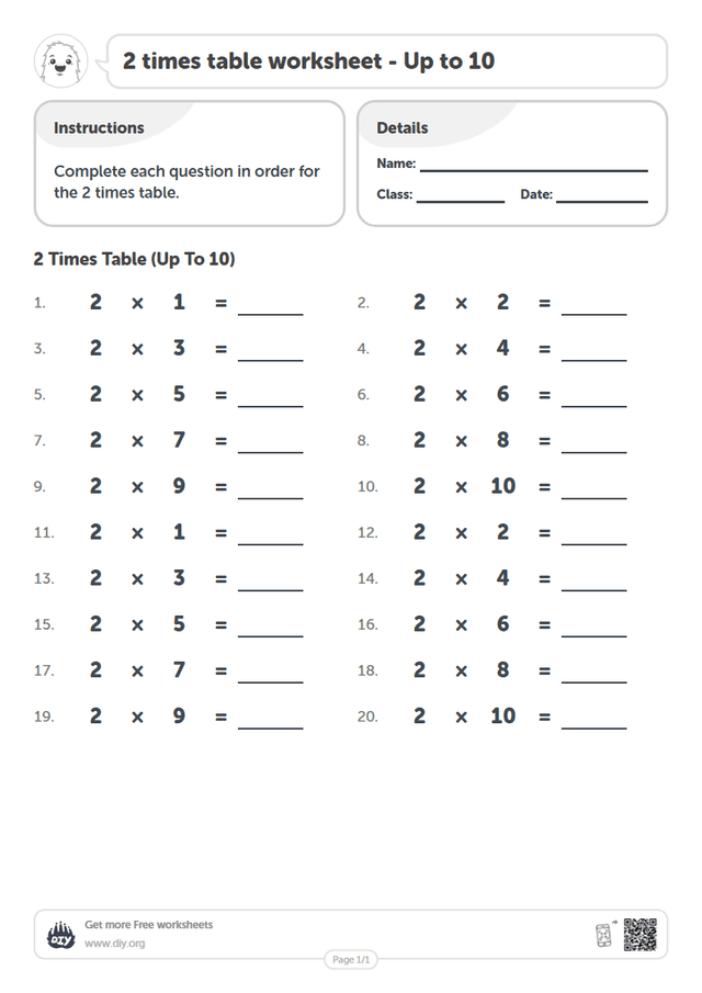 2 times table page 1