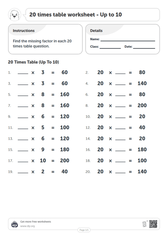 20 times table page 1