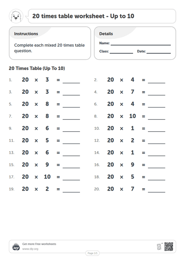20 times table page 1
