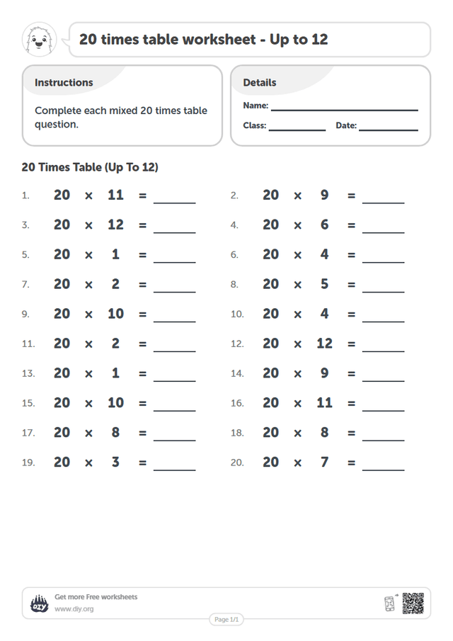 20 times table page 1