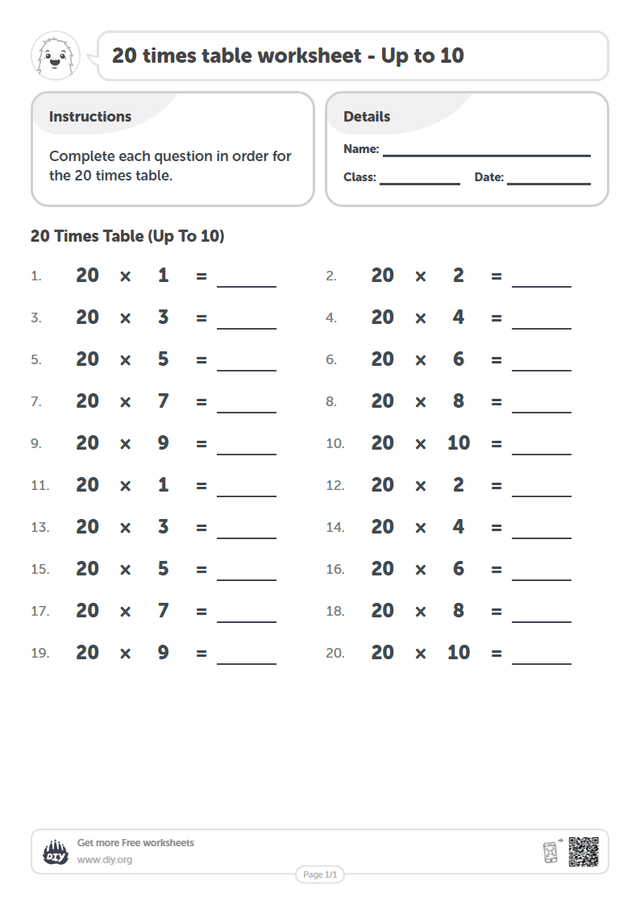 20 times table page 1