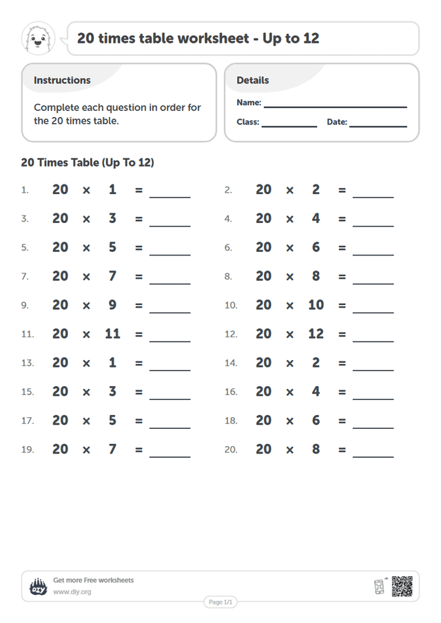 20 times table page 1