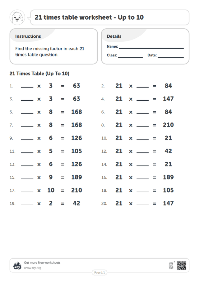 21 times table page 1