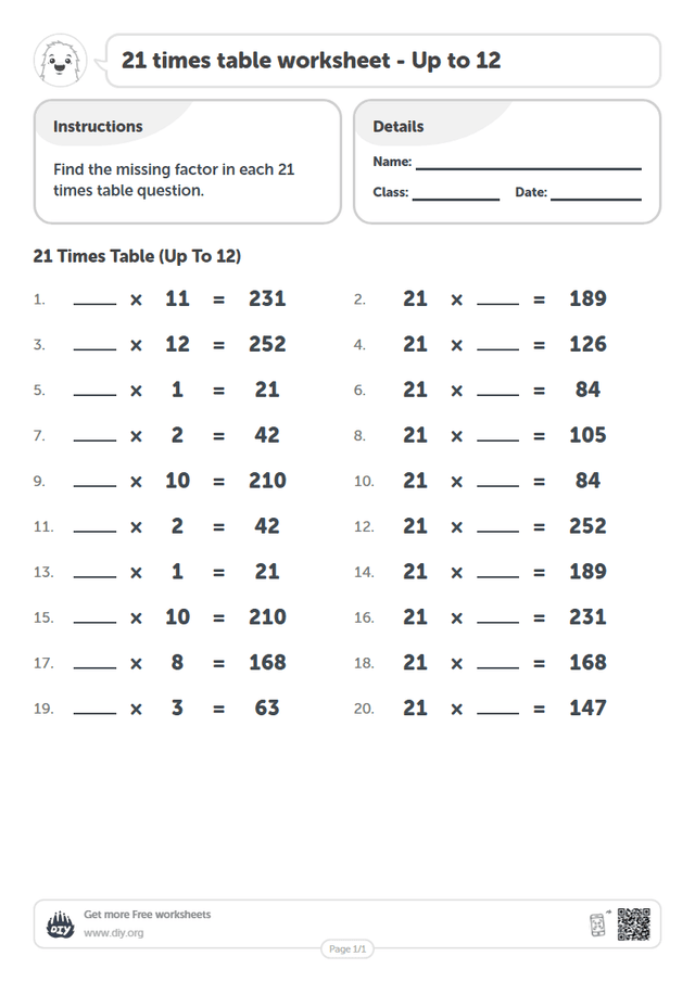 21 times table page 1