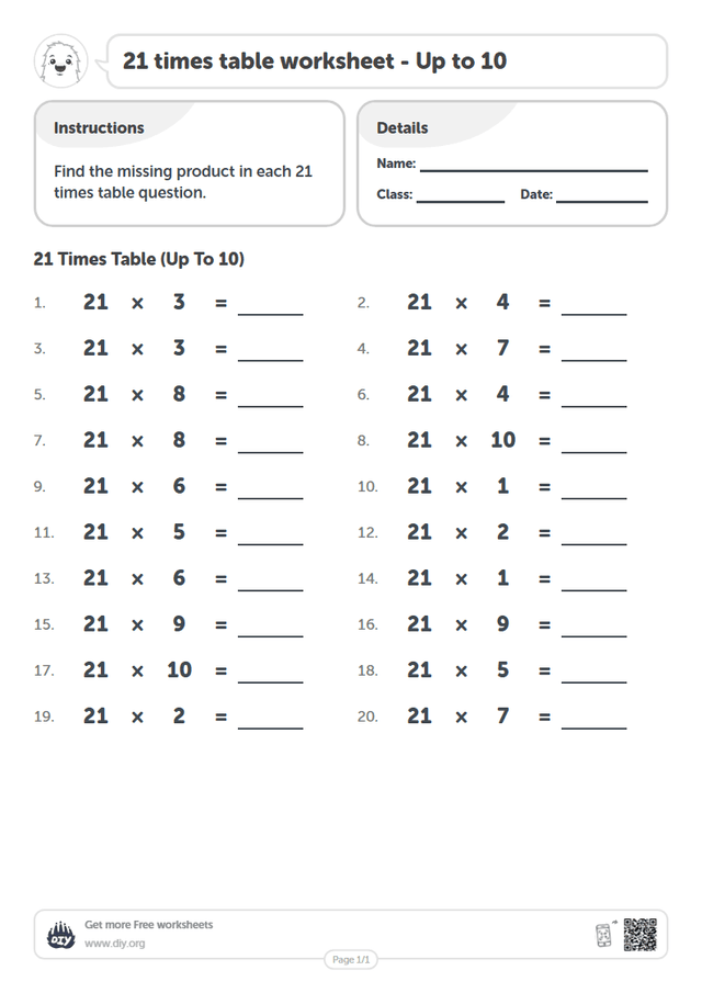 21 times table page 1