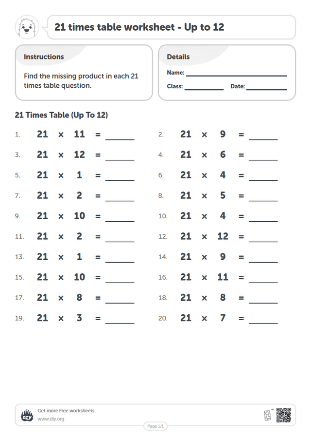 21 times table page 1