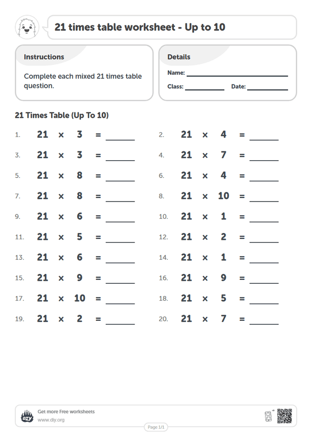 21 times table page 1